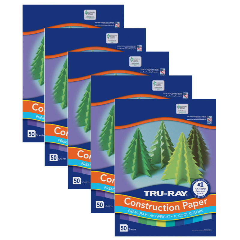 TRU-RAY - Construction Paper, Cool Assorted, 9" x 12", 50 Sheets Per Pack, 5 Packs