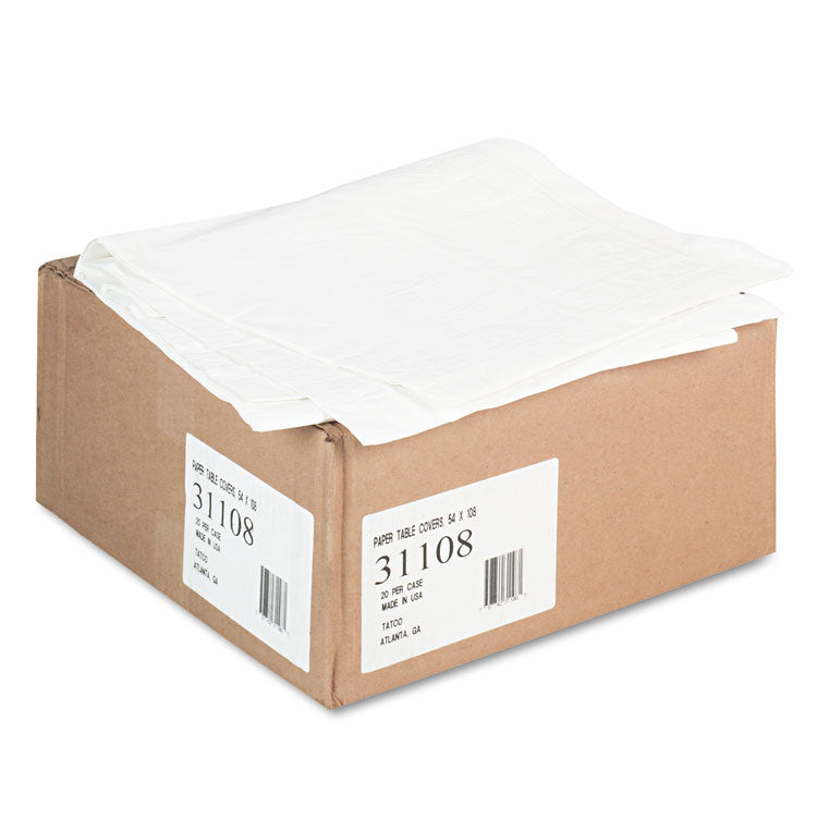 Tatco - Paper Table Cover, Embossed Paper with Plastic Liner, 54" x 108", White, 20/Carton
