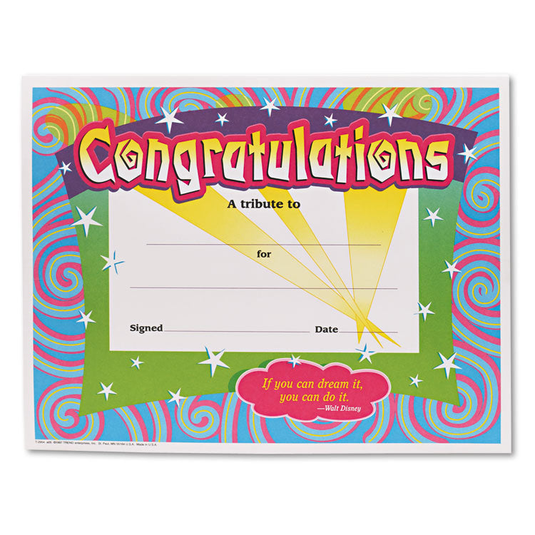TREND - Congratulations Colorful Classic Certificates, 11 x 8.5, Horizontal Orientation, Assorted Colors with White Border, 30/Pack