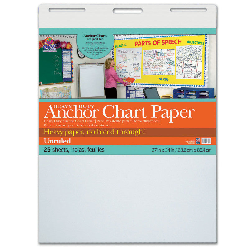 PACON - Heavy Duty Anchor Chart Paper, Non-Adhesive, White, Unruled 27" x 34", 25 Sheets