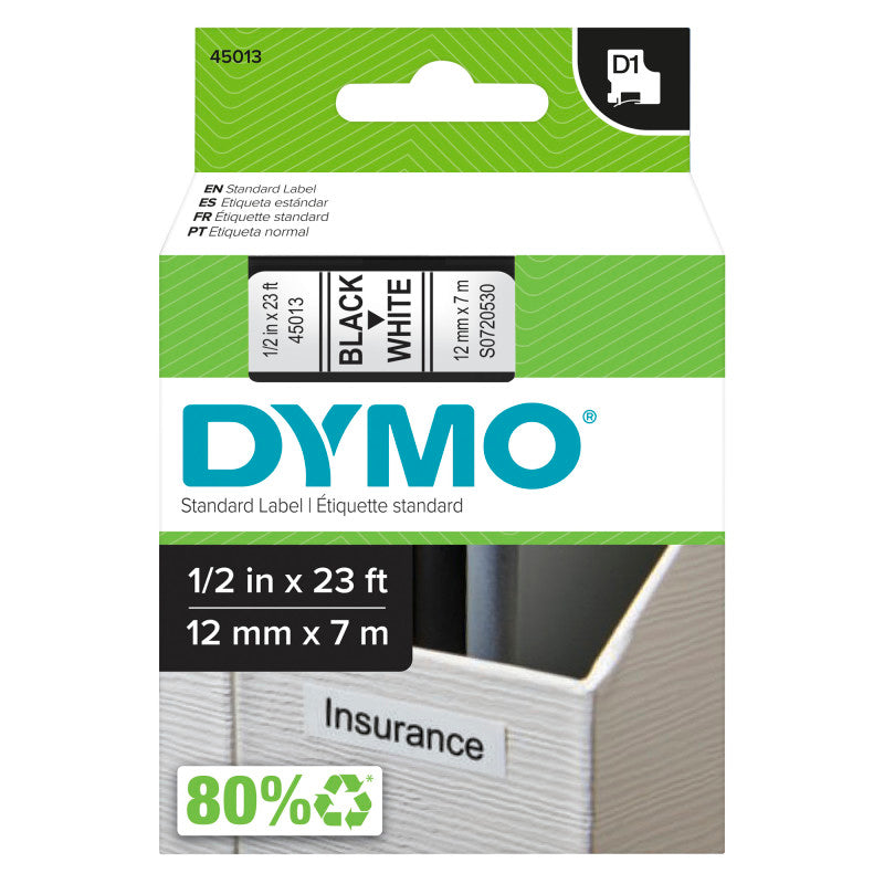 DYMO - Standard D1 Labeling Tape for LabelManager Label Makers, Black Print on White Tape, 1/2'' W x 23' L, 1 Cartridge