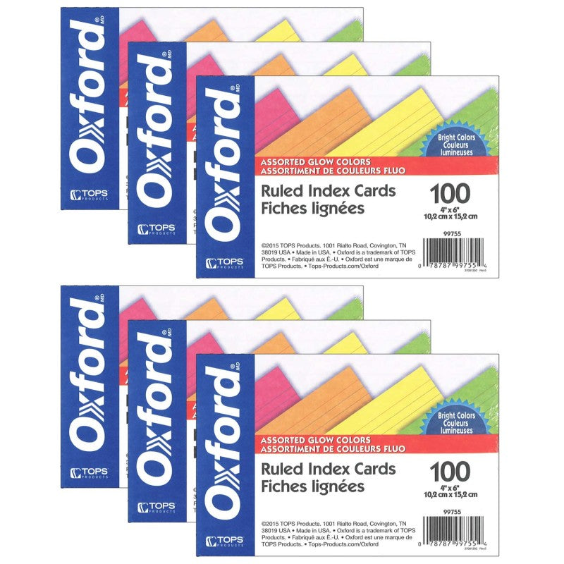 OXFORD - Glow Index Cards, 4" x 6", 100 Per Pack, 6 Packs