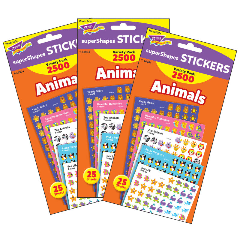 TREND - Animals superShapes Stickers Variety Pack, 2500 Per Pack, 3 Packs