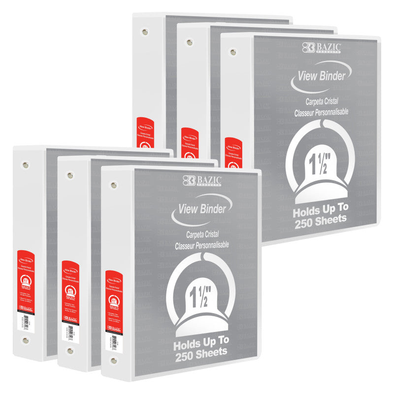 BAZIC PRODUCTS - 3-Ring View Binder with 2 Pockets, 1.5", White, Pack of 6
