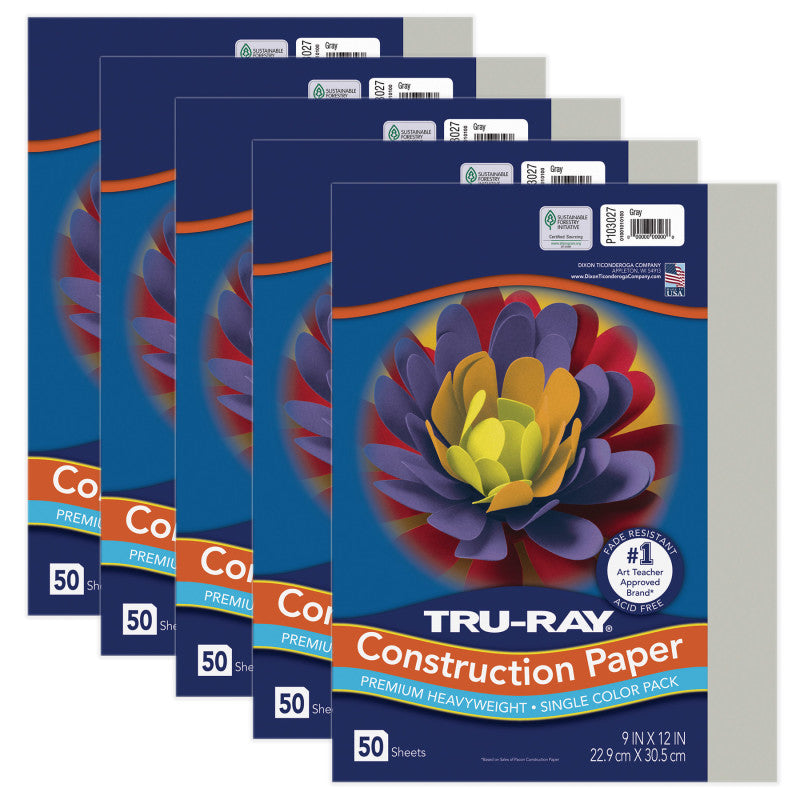 TRU-RAY - Construction Paper, Gray, 9" x 12", 50 Sheets Per Pack, 5 Packs