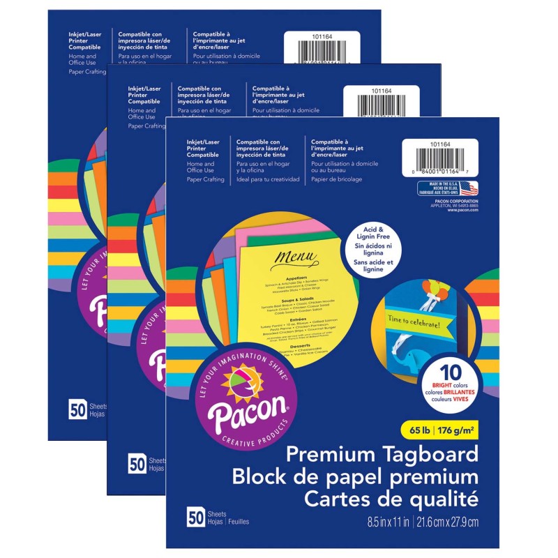 PACON - Premium Tagboard Assortment, 50 Sheets Per Pack, 3 Packs