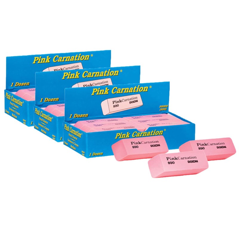 DIXON - Pink Carnation Erasers, Medium, 2-5/16 x 13/16 x 7/17, 12 Per Pack, 3 Packs