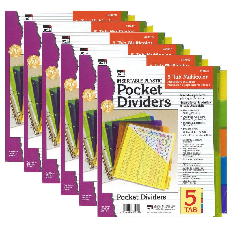 CHARLES LEONARD - Index Dividers with Pockets, 5-Tab, Assorted Colors, 5/Pack, 6 Packs