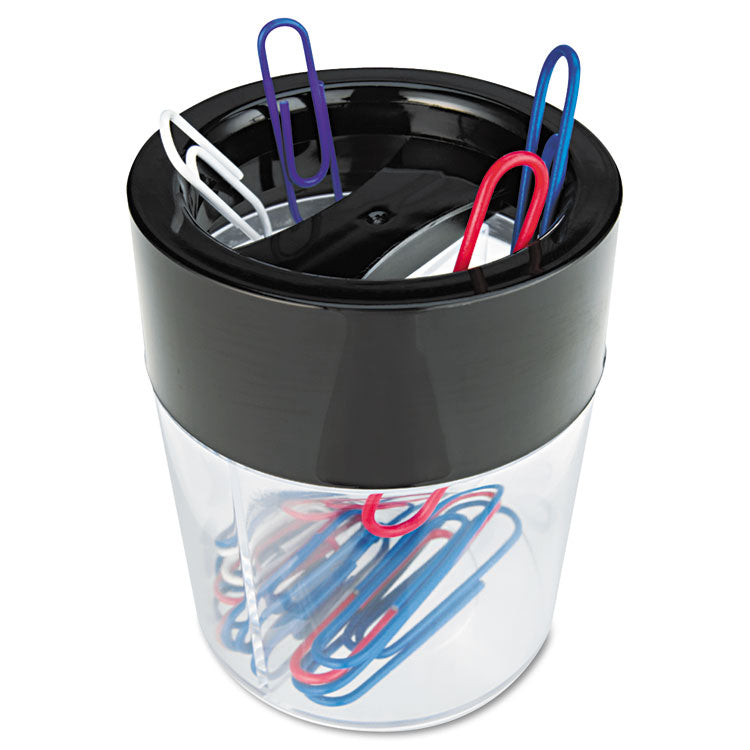 Universal - Round Magnetic Clip Dispenser, 2 Compartments, Plastic, 2.5" Diameter x 3"h, Black/Clear