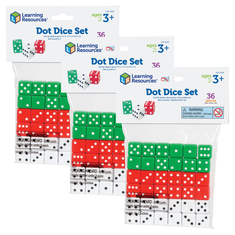 LEARNING RESOURCES - Dot Dice, Red, Green & White, 36 Per Pack, 3 Packs