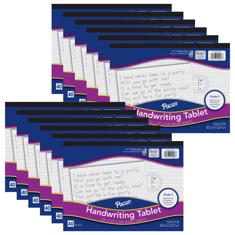 PACON - Handwriting Tablet, White, 1/2 in x 1/4 in x 1/4 in Ruled Long, 12" x 9", 40 Sheets, Pack of 12