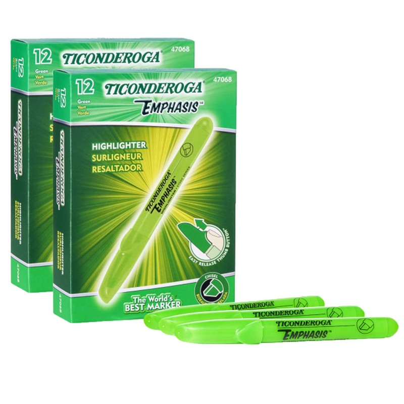 TICONDEROGA - Emphasis™ Highlighters, Desk Style, Chisel Tip, Green, 12 Per Pack, 2 Packs