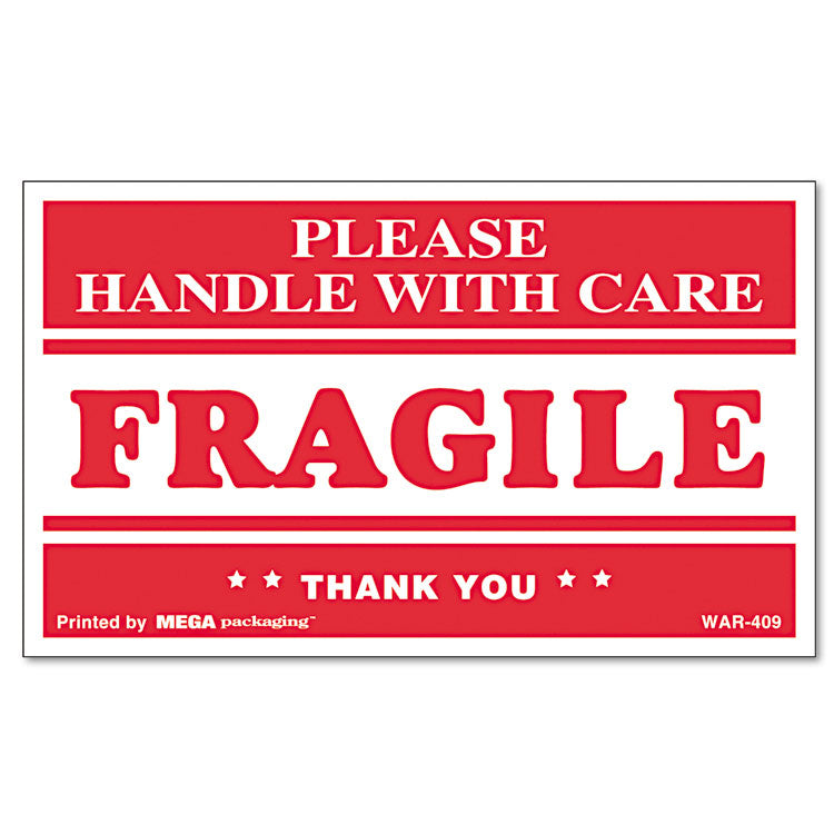 Universal - Printed Message Self-Adhesive Shipping Labels, FRAGILE Handle with Care, 3 x 5, Red/Clear, 500/Roll