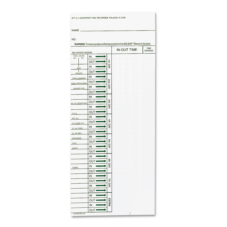 Acroprint - Time Clock Cards for Acroprint ATT310, One Side, 4 x 10, 200/Pack