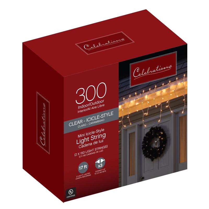 CELEBRATIONS - Celebrations Incandescent Mini Clear 300 ct Icicle Christmas Lights 17 ft.