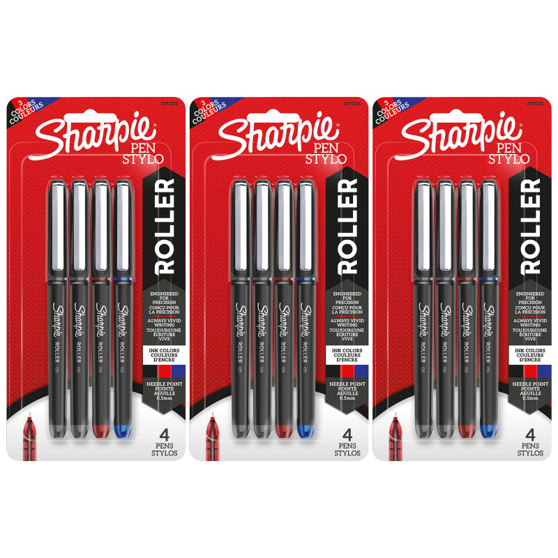 SHARPIE - Rollerball Pen, Needle Point (0.5mm), Assorted, 4 Per Pack, 3 Packs