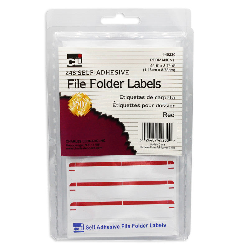File Folder Labels, Self-Adhesive, 0.56" x 3.43", Red, Box of 248