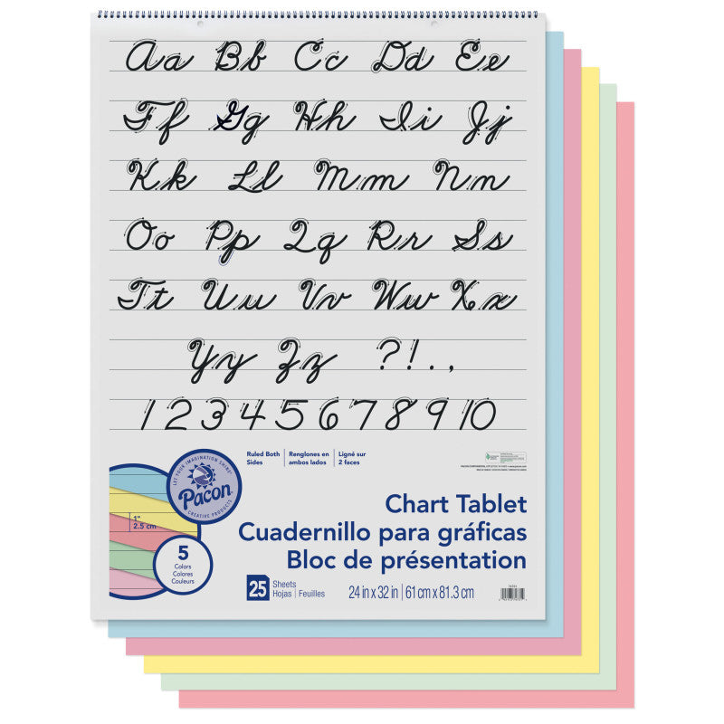 PACON - Colored Paper Chart Tablet, Cursive Cover, Asst, 1" Ruled. 24" x 32", 25 Sheets