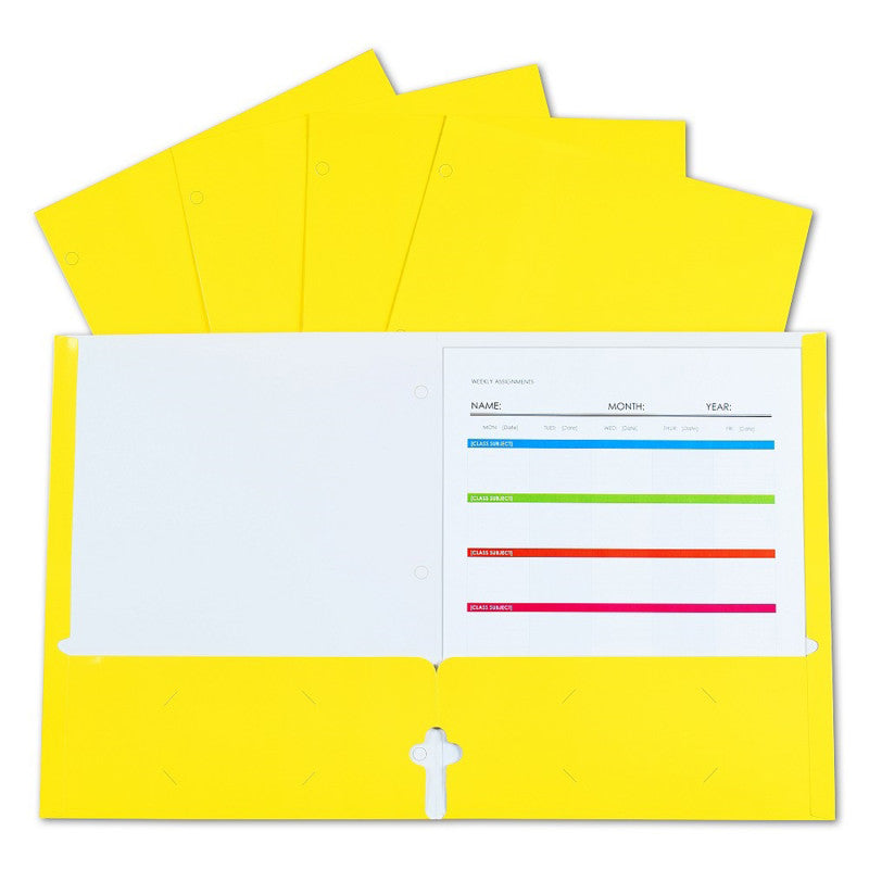 C-LINE - 2-Pocket Laminated Paper Portfolios with 3-Hole Punch, Yellow, Box of 25