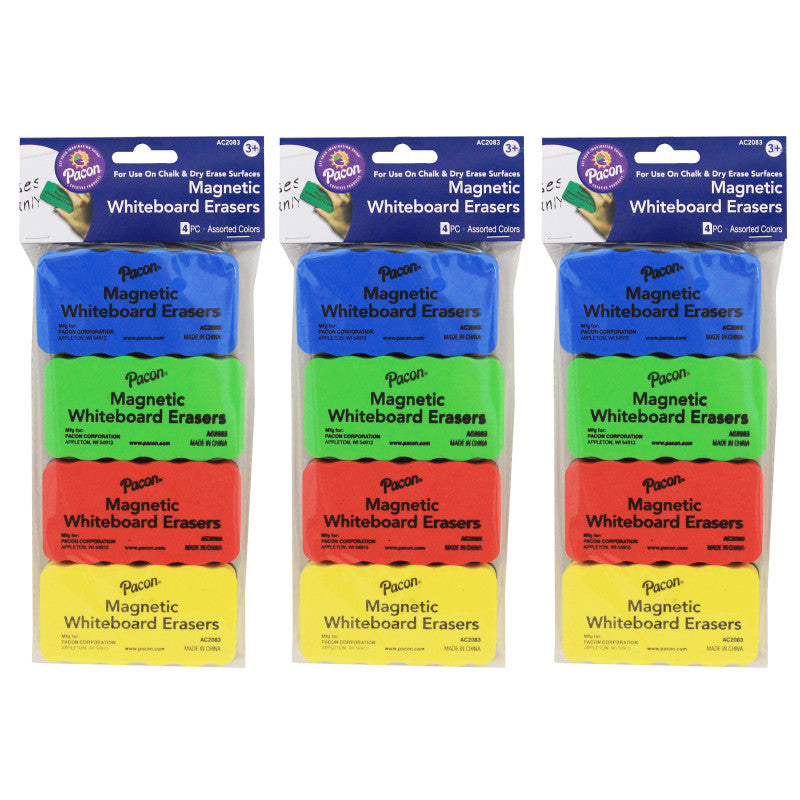 PACON - Magnetic Chalk & Whiteboard Eraser, 4 Assorted Colors, 2.25" x 4.25", 4 Erasers Per Pack, 3 Packs