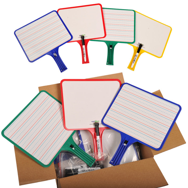 KLEENSLATE - Blank/Lined 2-Sided Rectangular Dry Erase Paddles with Markers, Set of 10