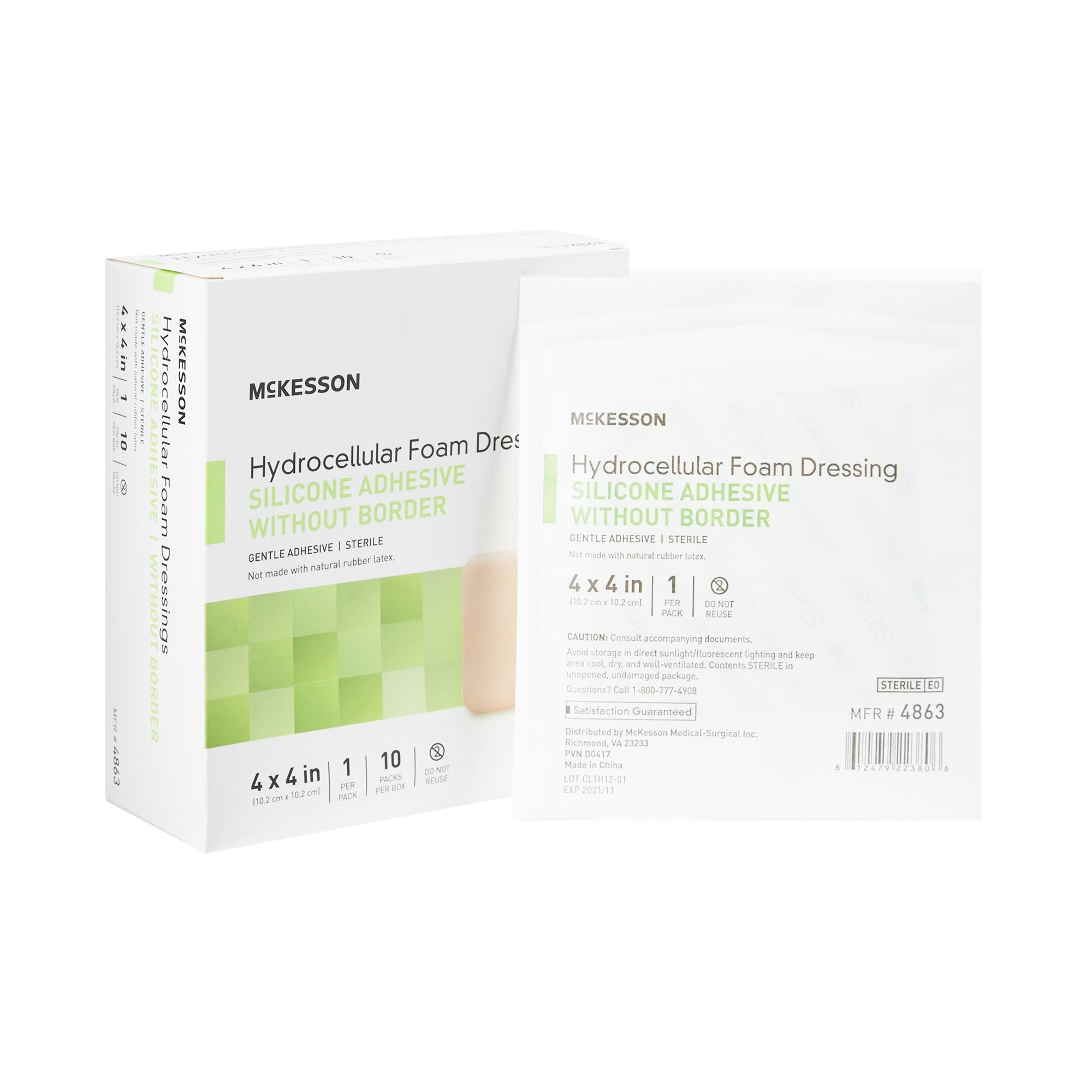 McKesson Brand - Foam Dressing McKesson 4 X 4 Inch Without Border Film Backing Silicone Gel Adhesive Square Sterile [10/BX]