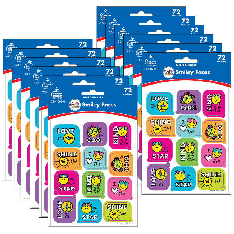 CARSON DELLOSA EDUCATION - Kind Vibes Smiley Faces Shape Stickers, 72 Per Pack, 12 Packs