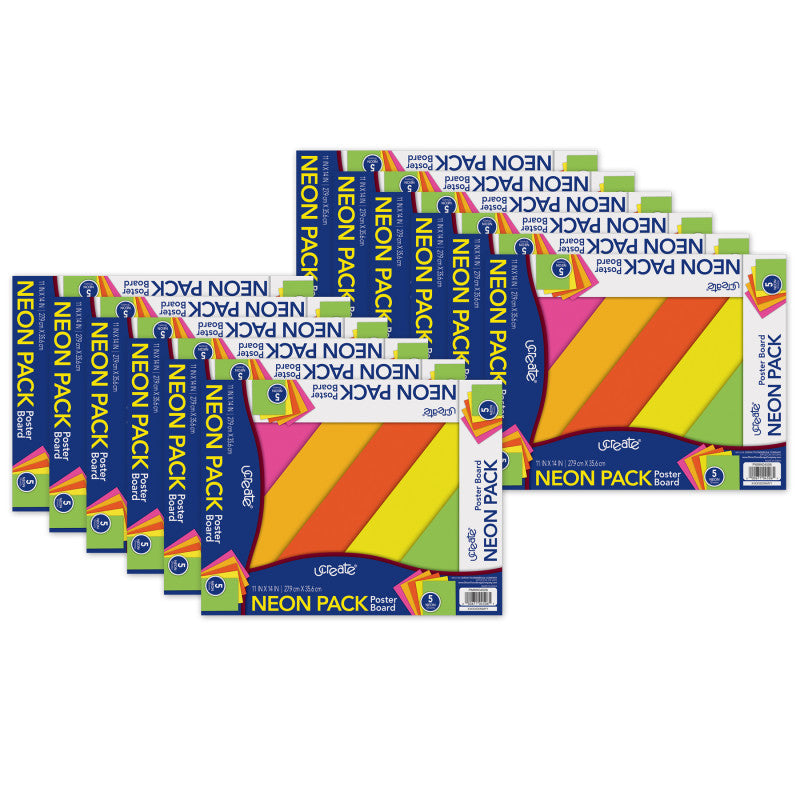 UCREATE - Neon Poster Board, 5 Assorted Colors, 11" x 14", 5 Sheets Per Pack, 12 Packs