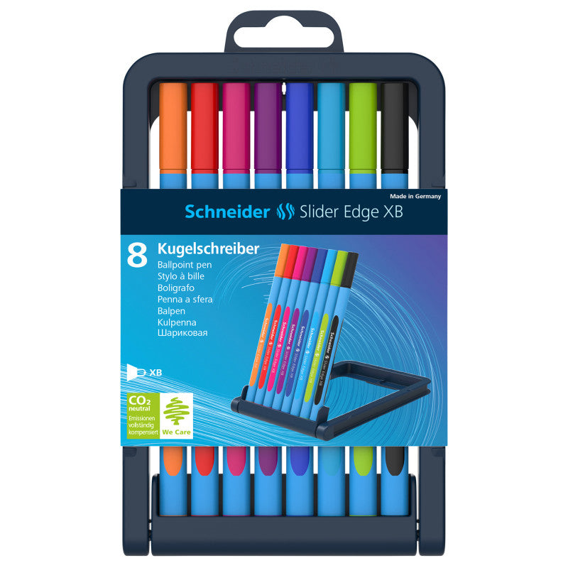 SCHNEIDER - Slider Edge XB Ballpoint Pen, 1.4 mm, 8 Assorted Ink Colors in Adjustable Case Stand