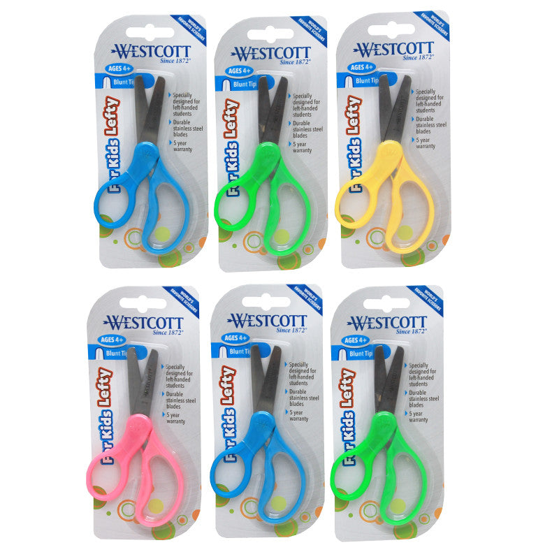WESTCOTT - School Kumfy Grip Left-Handed Kids Scissors, 5" Blunt, Assorted Colors, Pack of 6