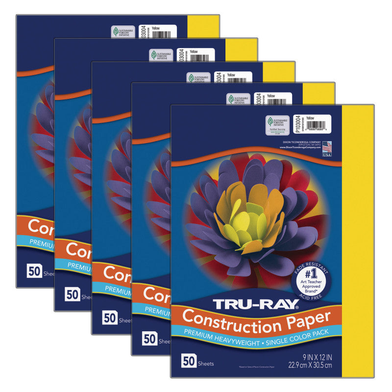 TRU-RAY - Construction Paper, Yellow, 9" x 12", 50 Sheets Per Pack, 5 Packs