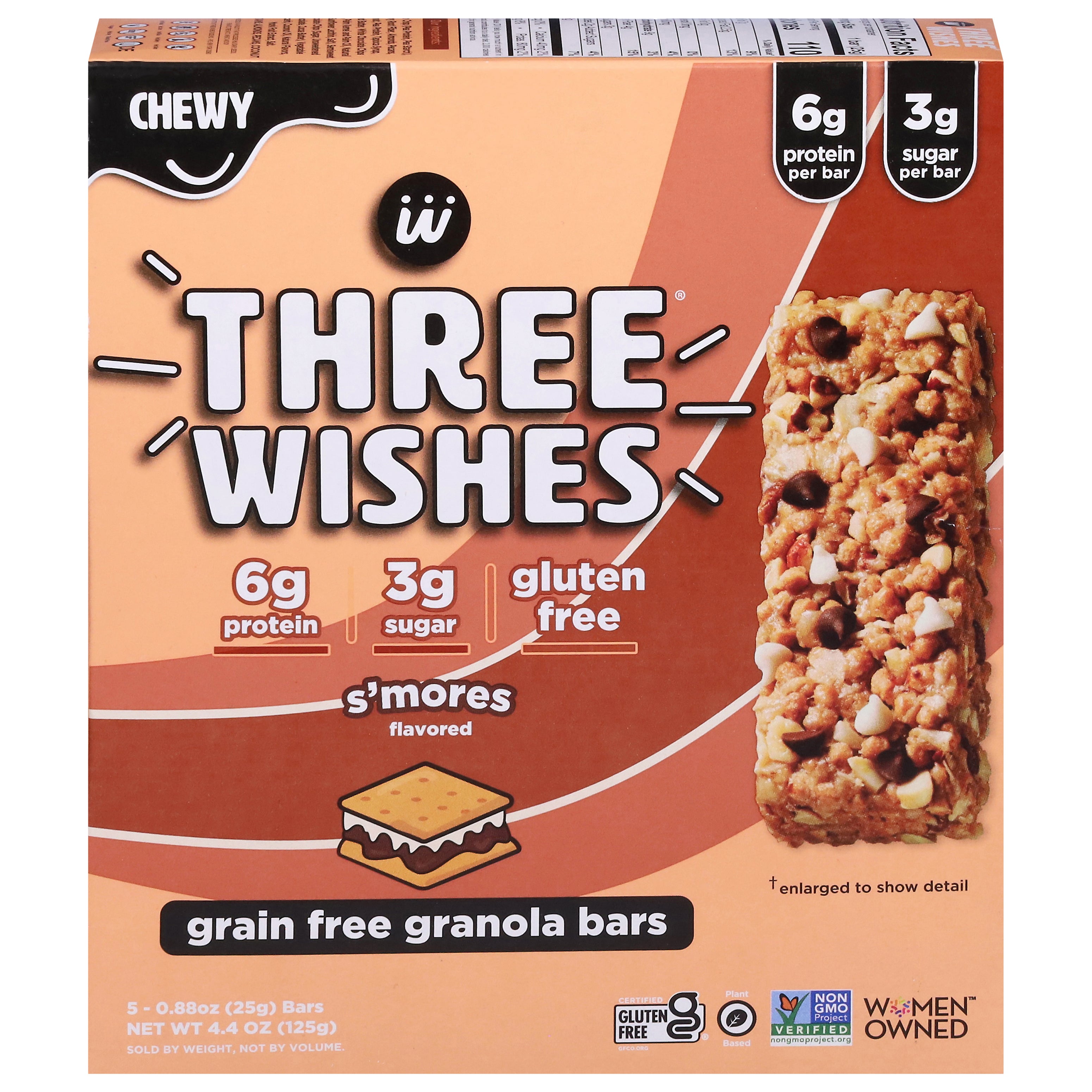 Three Wishes Grain Free S'mores Granola Bars 5 - 0.88 oz Bars - Case of 12