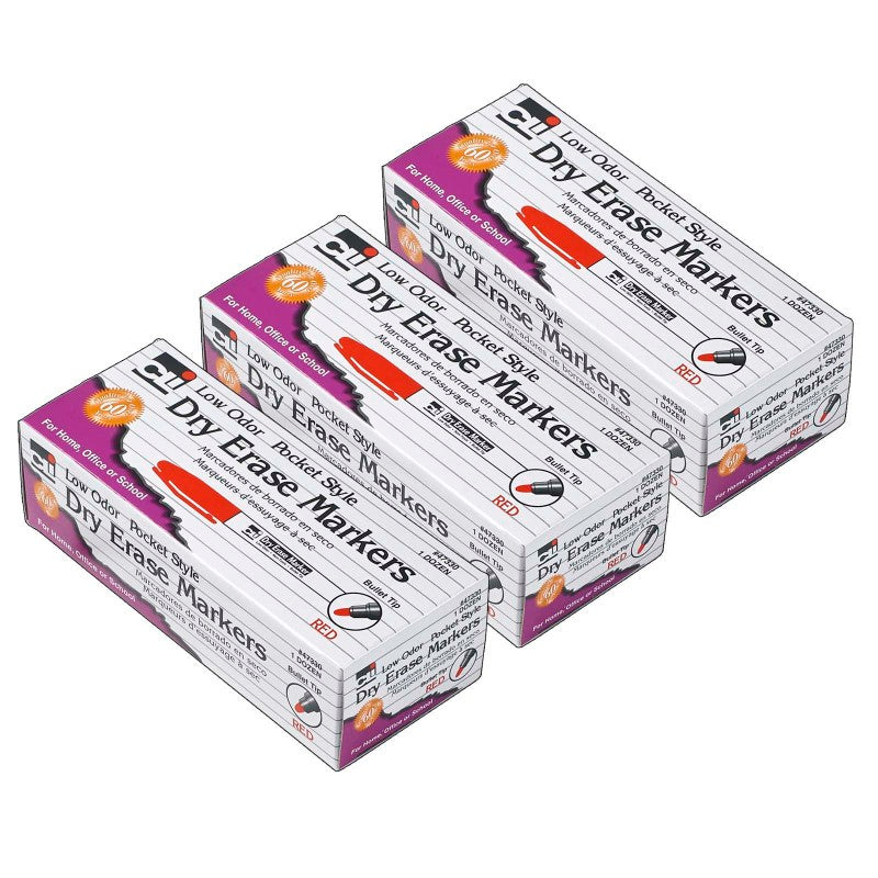 CHARLES LEONARD - Dry Erase Markers, Low Odor, Pocket Style, Bullet Tip, Red, 12 Per Box, 3 Boxes
