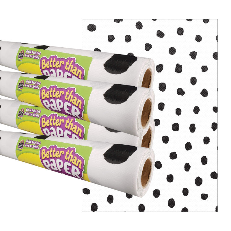 TEACHER CREATED RESOURCES - Black Painted Dots on White Better Than Paper Bulletin Board Roll, 4' x 12', Pack of 4