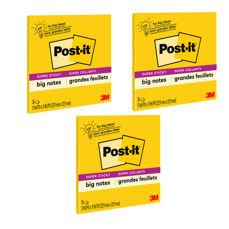 POST-IT - Super Sticky Big Note, 11 in. x 11 in., Yellow, 30 Sheets/Pad, Pack of 3