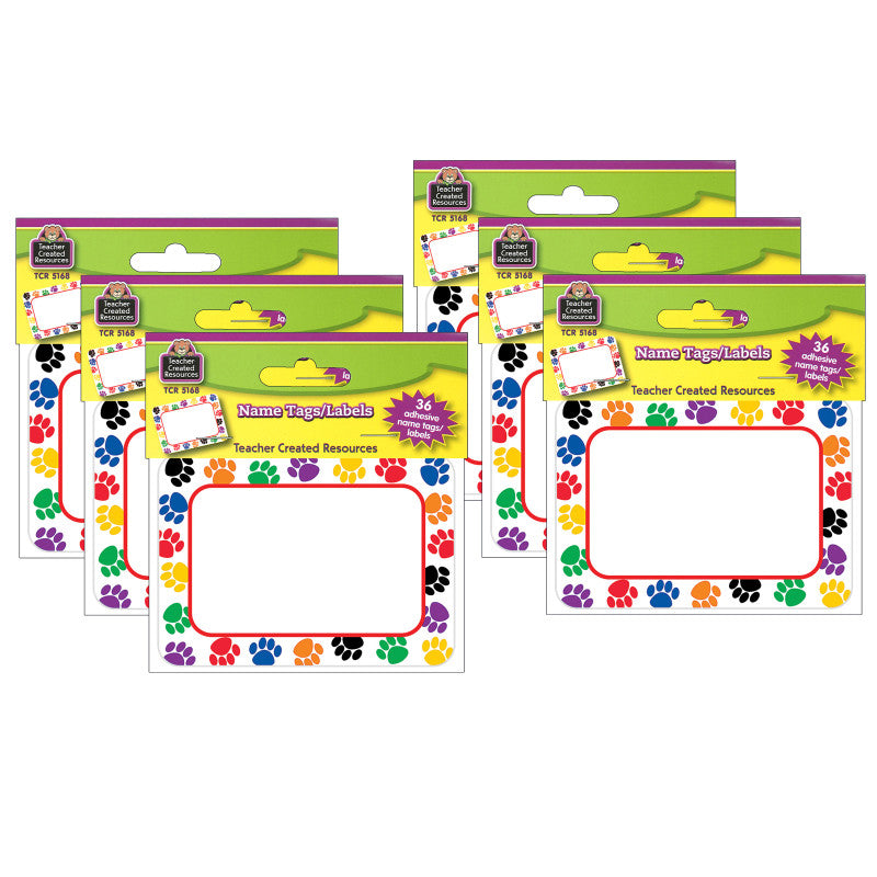 TEACHER CREATED RESOURCES - Colorful Paw Prints Name Tags, 36 Per Pack, 6 Packs