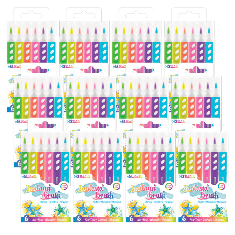 BAZIC PRODUCTS - Brush Markers, Fluorescent Colors, 6 Per Pack, 12 Packs