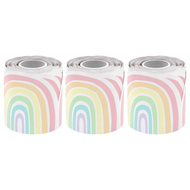 TEACHER CREATED RESOURCES - Pastel Pop Rainbows Die-Cut Rolled Border Trim, 50 Feet, 3 Rolls
