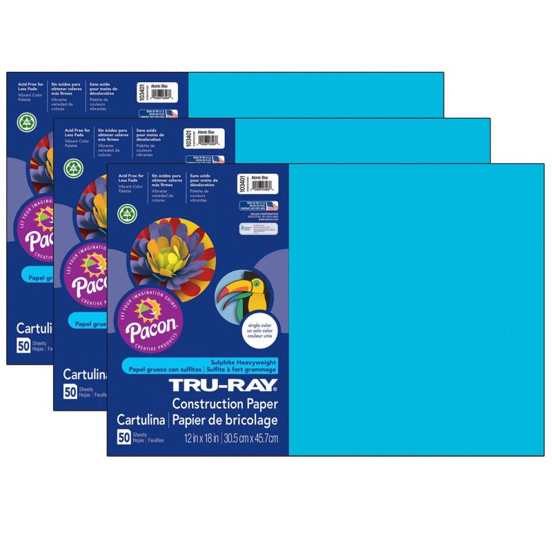 TRU-RAY - Construction Paper, Atomic Blue, 12" x 18", 50 Sheets Per Pack, 3 Packs