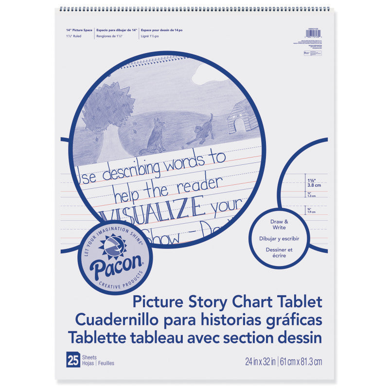 PACON - Picture Story Chart Tablet, White, Ruled Short, 1-1/2" Ruled, 24" x 32", 25 Sheets