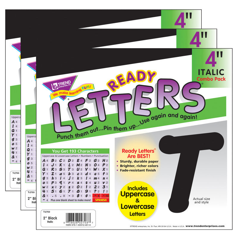 TREND - Black 4-Inch Italic Uppercase/Lowercase Combo Pack (EN/SP) Ready Letters®, 193 Per Pack, 3 Packs