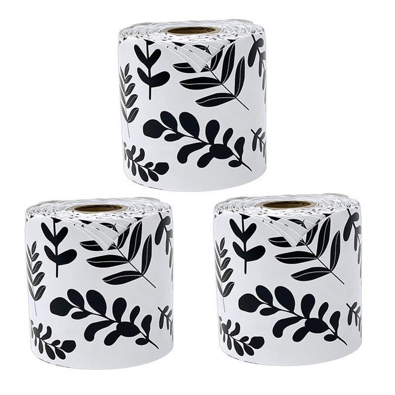 CARSON DELLOSA EDUCATION - White with Black Leaves Rolled Scalloped Borders, 65 Feet Per Roll, Pack of 3