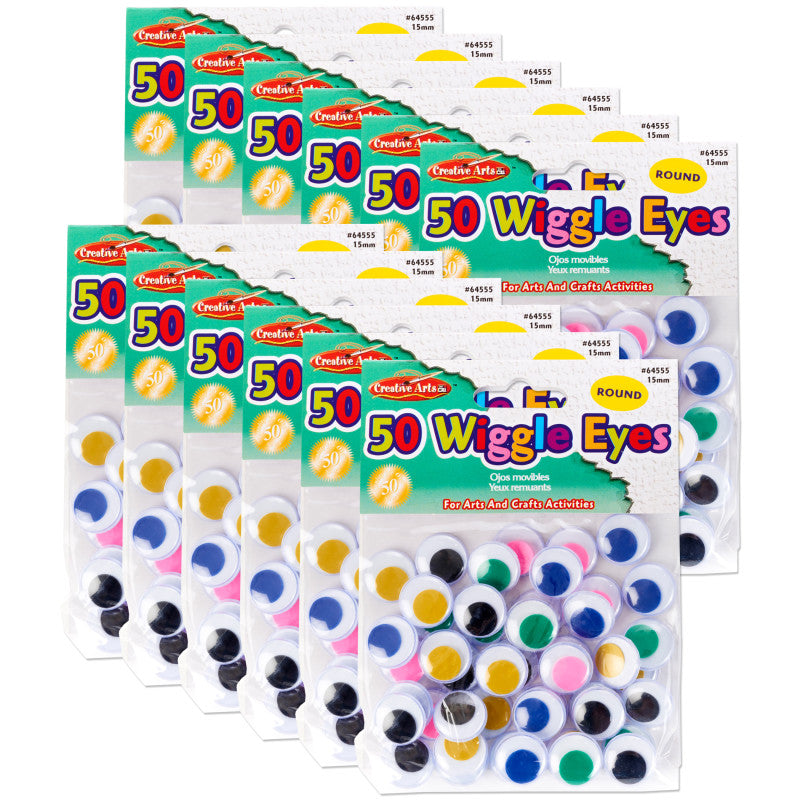 CHARLES LEONARD - Round Wiggle Eyes, 15mm, Assorted, 50 Per Pack, 12 Packs