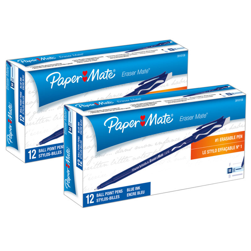 PAPER MATE - Eraser Mate® Pen, Blue, 12 Per Pack, 2 Packs