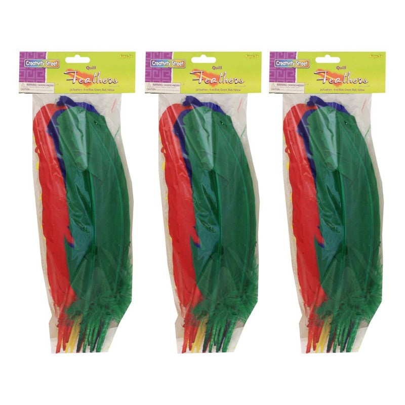 CREATIVITY STREET - Quill Feathers, Assorted Colors, 12", 24 Per Pack, 3 Packs