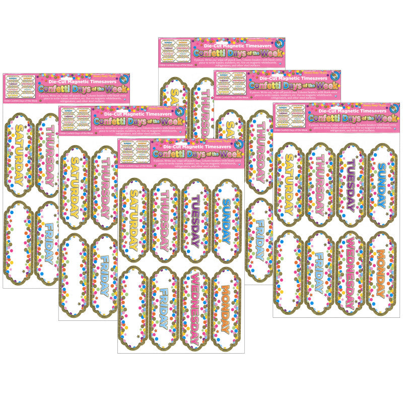 ASHLEY PRODUCTIONS - Magnetic Die-Cut Timesavers & Labels, Confetti Days of the Week, 8 Per Pack, 6 Packs
