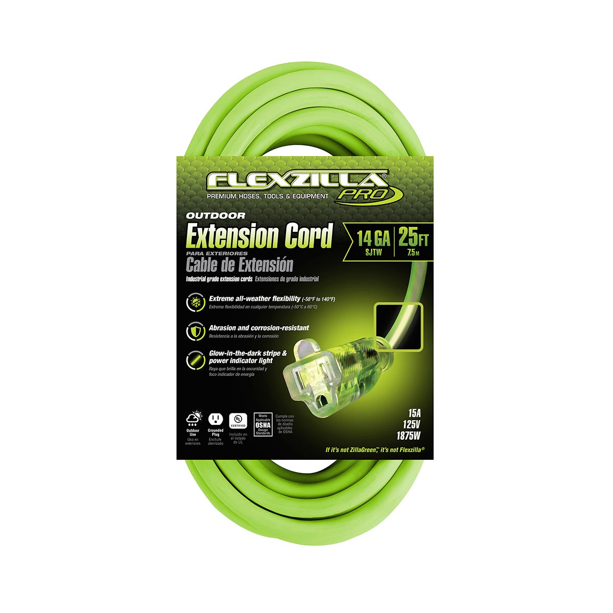 Flexzilla¬Æ Pro Extension Cord 14/3 AWG SJTW 25' Outdoor Lighted Plug ZillaGreen‚Ñ¢