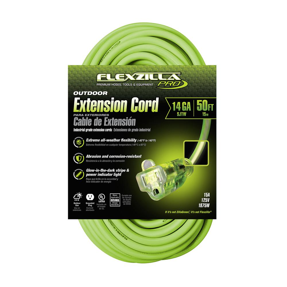 Flexzilla¬Æ Pro Extension Cord 14/3 AWG SJTW 50' Outdoor Lighted Plug ZillaGreen‚Ñ¢