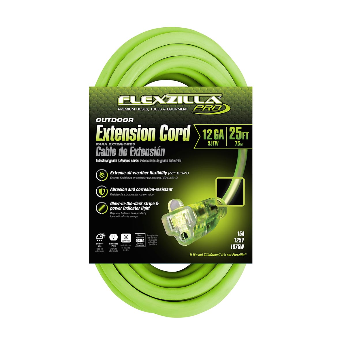 Flexzilla¬Æ Pro Extension Cord 12/3 AWG SJTW 25' Outdoor Lighted Plug ZillaGreen‚Ñ¢