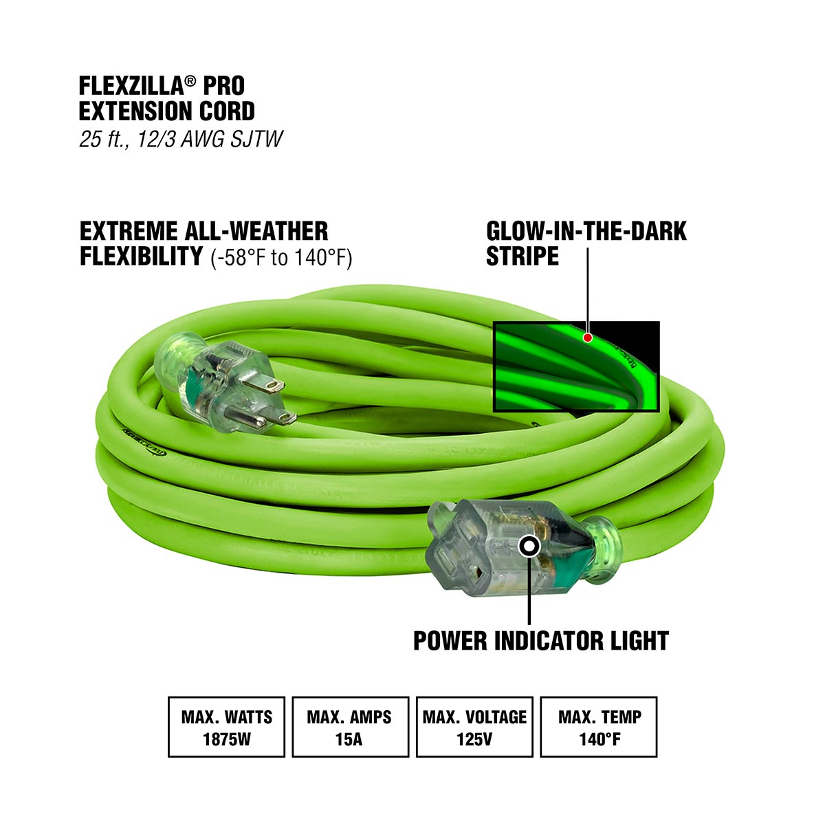 Flexzilla¬Æ Pro Extension Cord 12/3 AWG SJTW 25' Outdoor Lighted Plug ZillaGreen‚Ñ¢